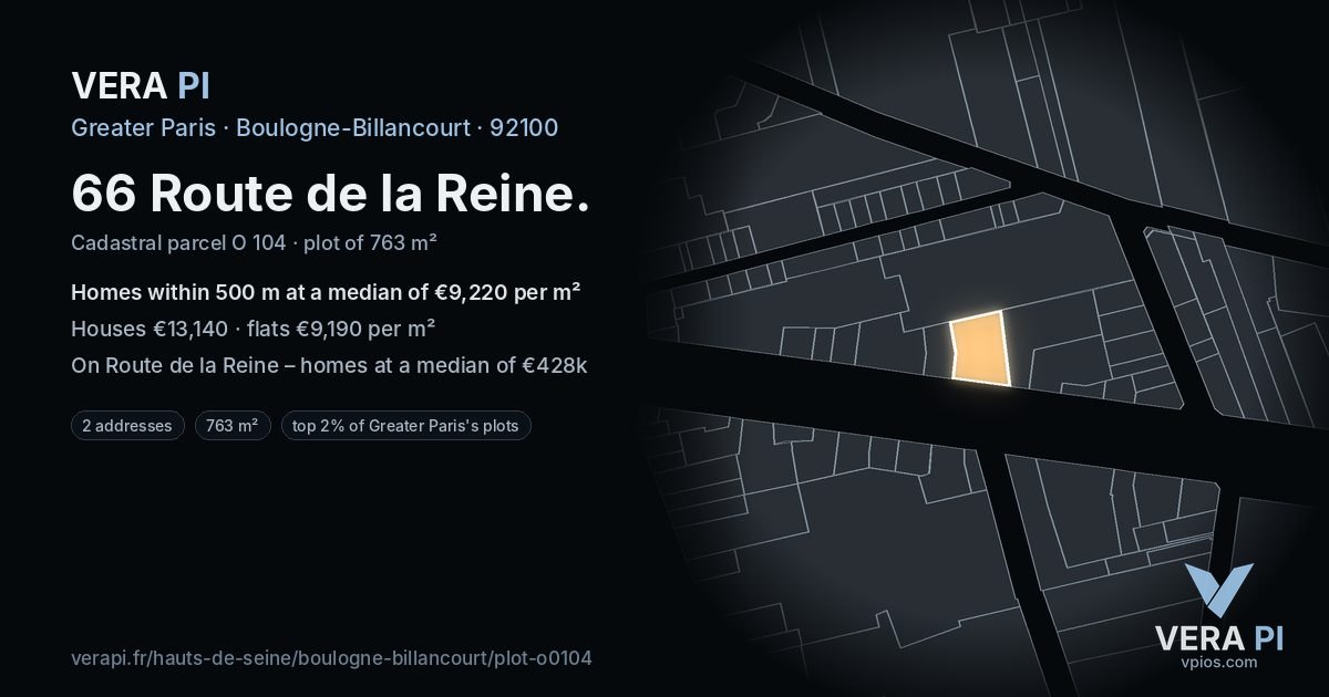 66 Route de la Reine, Boulogne-Billancourt at night – the plot lit, the parcels around coloured by the prices near them