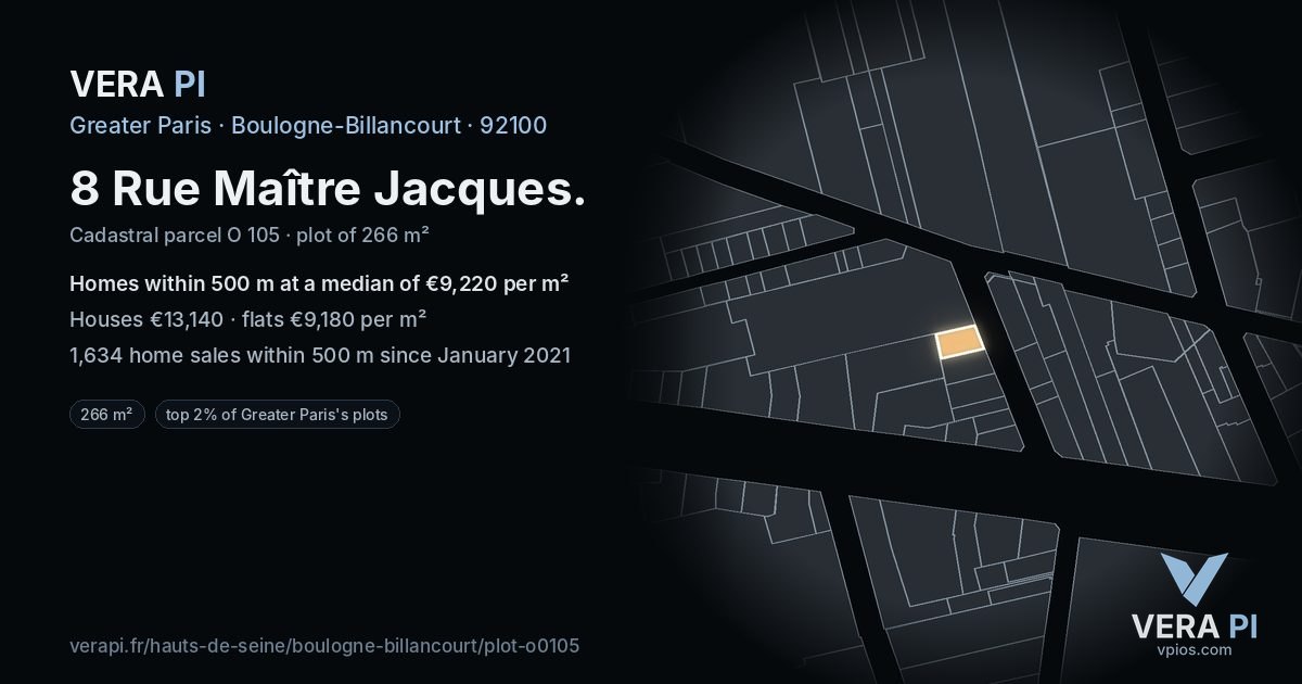 8 Rue Maître Jacques, Boulogne-Billancourt at night – the plot lit, the parcels around coloured by the prices near them