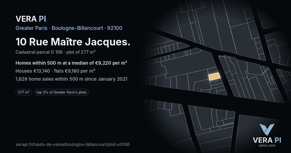 10 Rue Maître Jacques, Boulogne-Billancourt at night – the plot lit, the parcels around coloured by the prices near them