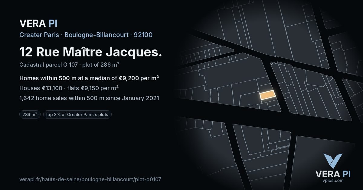 12 Rue Maître Jacques, Boulogne-Billancourt at night – the plot lit, the parcels around coloured by the prices near them