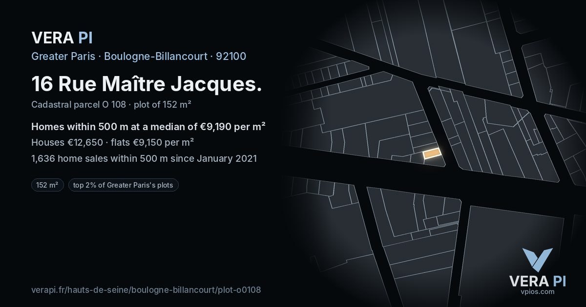 16 Rue Maître Jacques, Boulogne-Billancourt at night – the plot lit, the parcels around coloured by the prices near them
