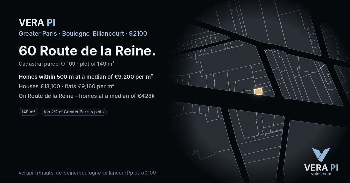 60 Route de la Reine, Boulogne-Billancourt at night – the plot lit, the parcels around coloured by the prices near them