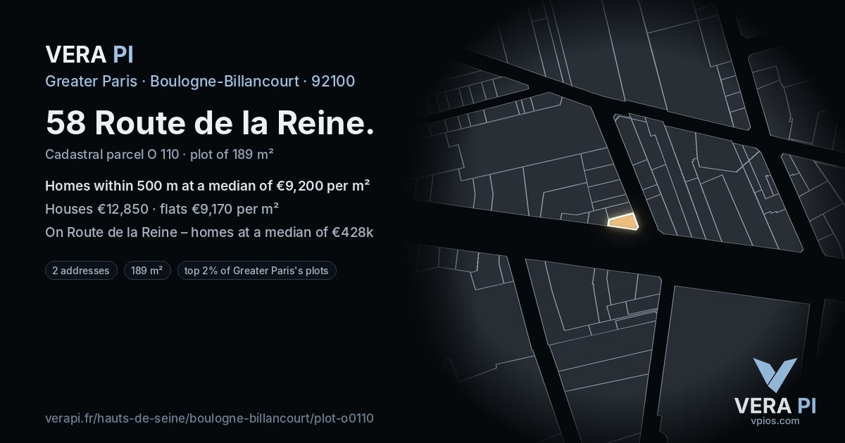 58 Route de la Reine, Boulogne-Billancourt at night – the plot lit, the parcels around coloured by the prices near them