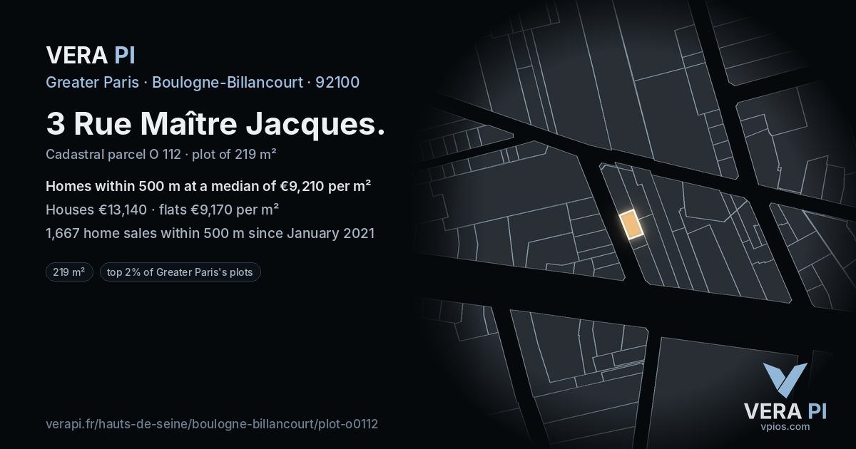 3 Rue Maître Jacques, Boulogne-Billancourt at night – the plot lit, the parcels around coloured by the prices near them
