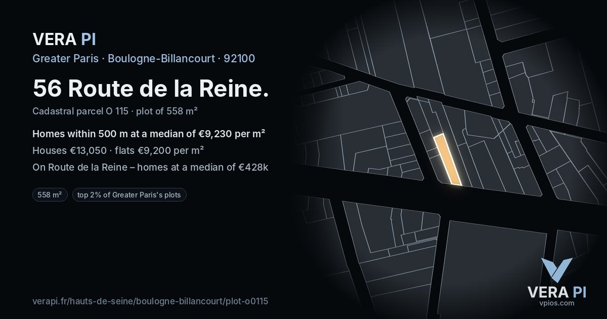 56 Route de la Reine, Boulogne-Billancourt at night – the plot lit, the parcels around coloured by the prices near them