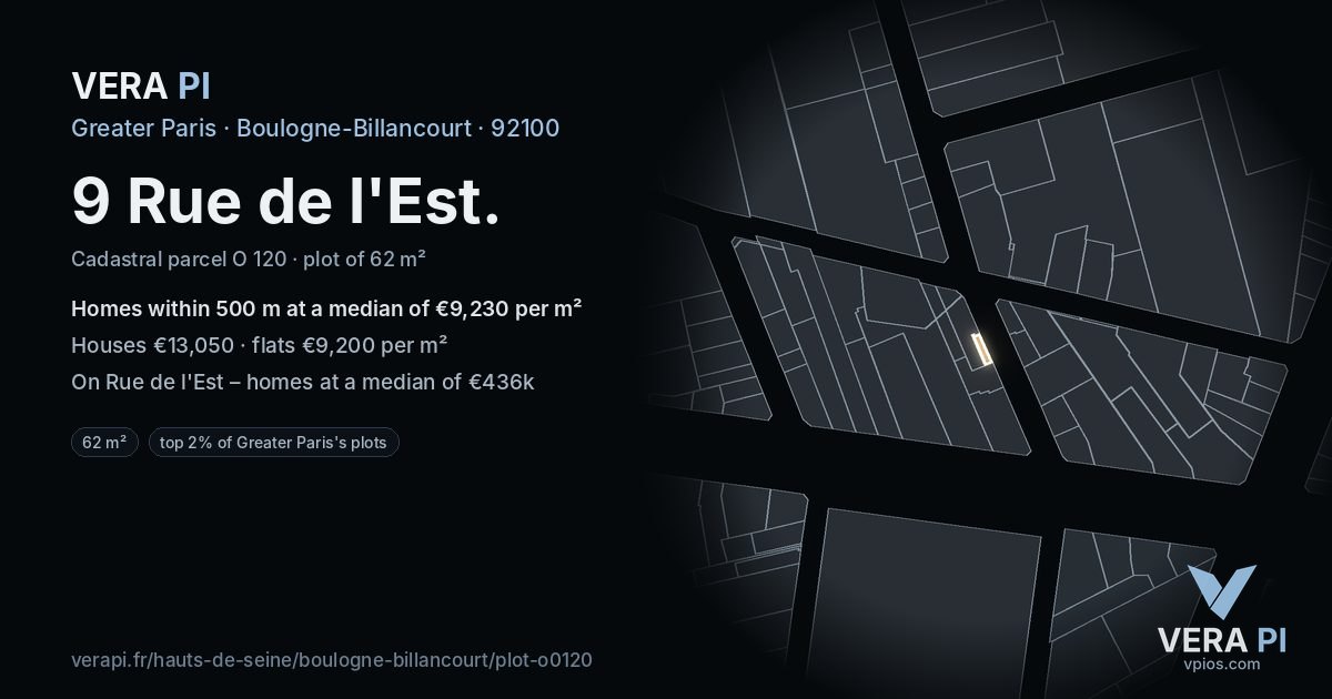 9 Rue de l'Est, Boulogne-Billancourt at night – the plot lit, the parcels around coloured by the prices near them