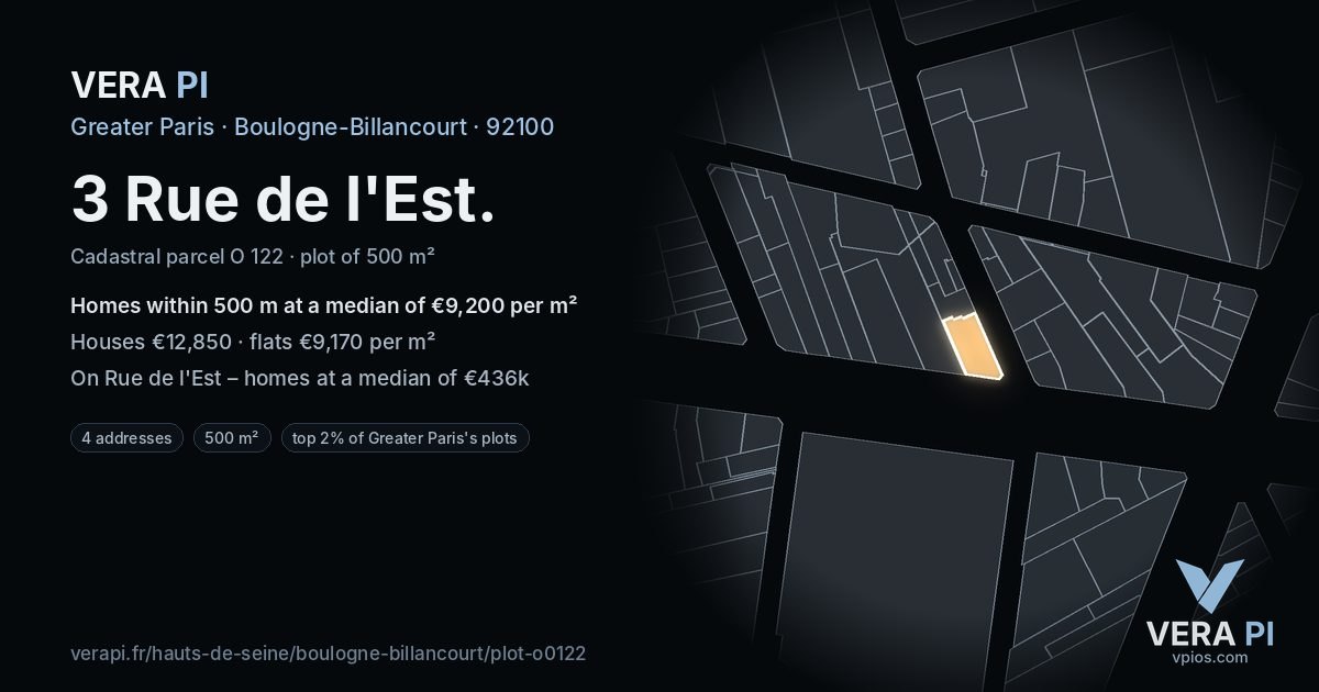 3 Rue de l'Est, Boulogne-Billancourt at night – the plot lit, the parcels around coloured by the prices near them