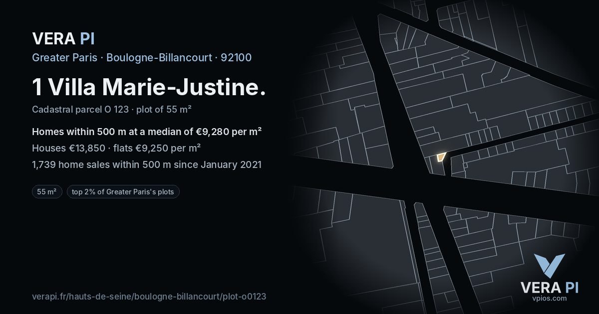 1 Villa Marie-Justine, Boulogne-Billancourt at night – the plot lit, the parcels around coloured by the prices near them