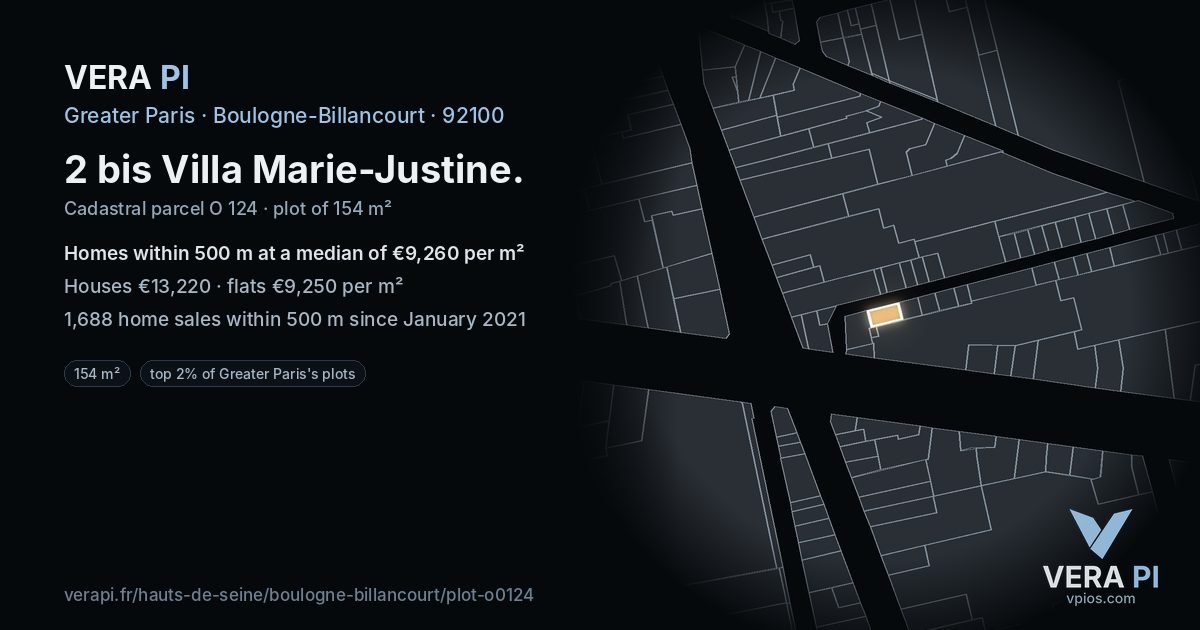 2 bis Villa Marie-Justine, Boulogne-Billancourt at night – the plot lit, the parcels around coloured by the prices near them