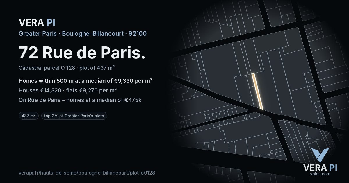 72 Rue de Paris, Boulogne-Billancourt at night – the plot lit, the parcels around coloured by the prices near them