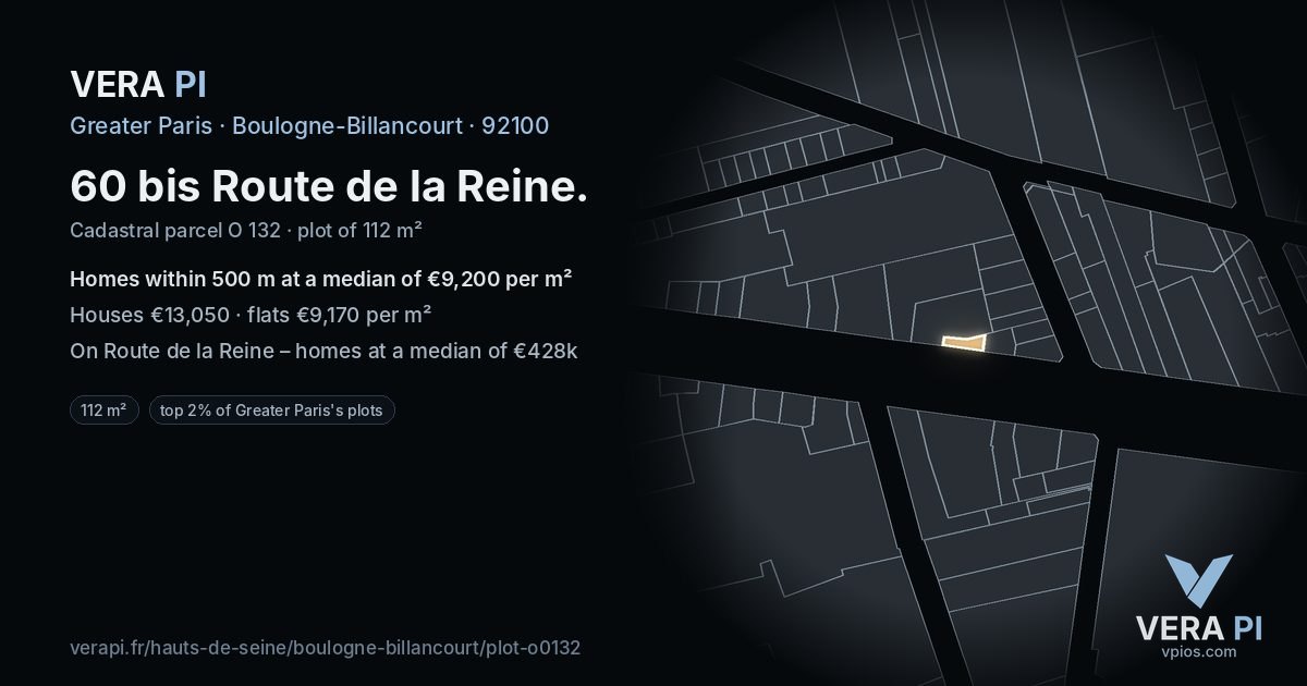 60 bis Route de la Reine, Boulogne-Billancourt at night – the plot lit, the parcels around coloured by the prices near them