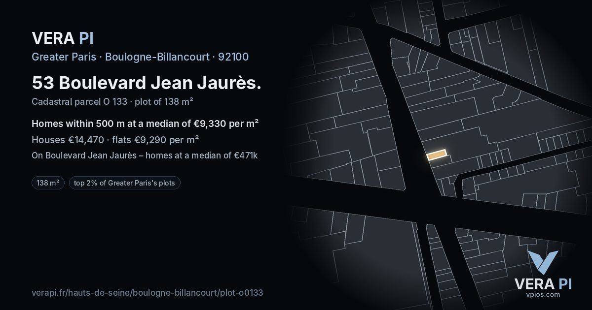 53 Boulevard Jean Jaurès, Boulogne-Billancourt at night – the plot lit, the parcels around coloured by the prices near them