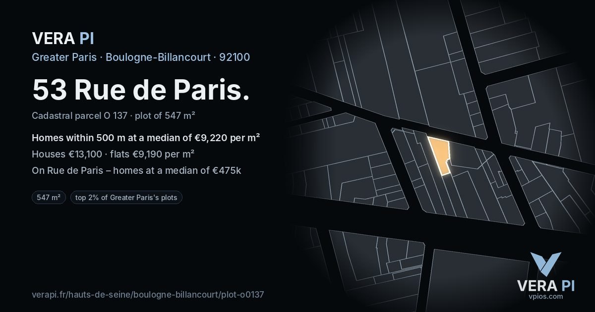53 Rue de Paris, Boulogne-Billancourt at night – the plot lit, the parcels around coloured by the prices near them