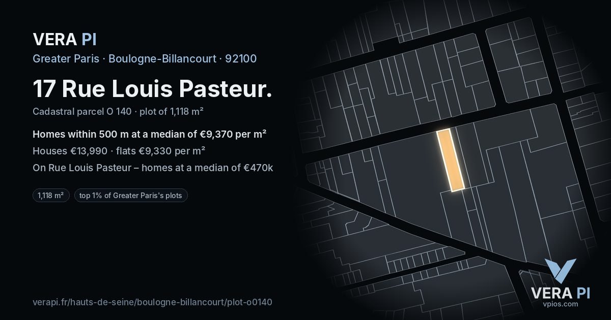 17 Rue Louis Pasteur, Boulogne-Billancourt at night – the plot lit, the parcels around coloured by the prices near them
