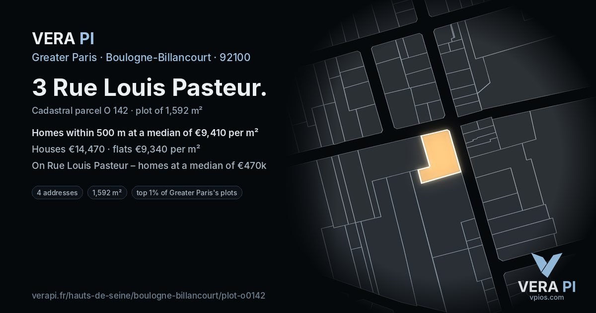 3 Rue Louis Pasteur, Boulogne-Billancourt at night – the plot lit, the parcels around coloured by the prices near them