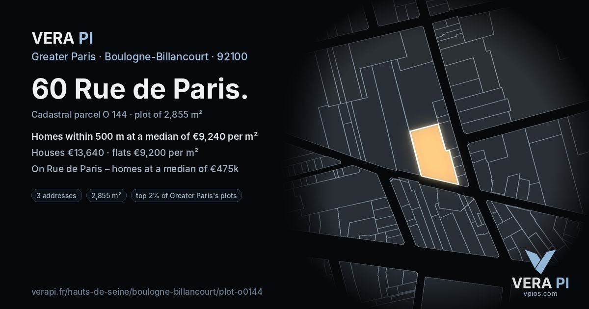 60 Rue de Paris, Boulogne-Billancourt at night – the plot lit, the parcels around coloured by the prices near them