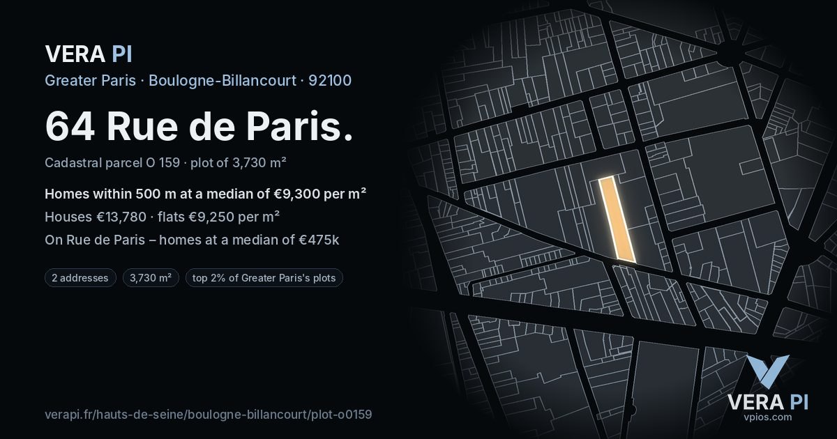 64 Rue de Paris, Boulogne-Billancourt at night – the plot lit, the parcels around coloured by the prices near them