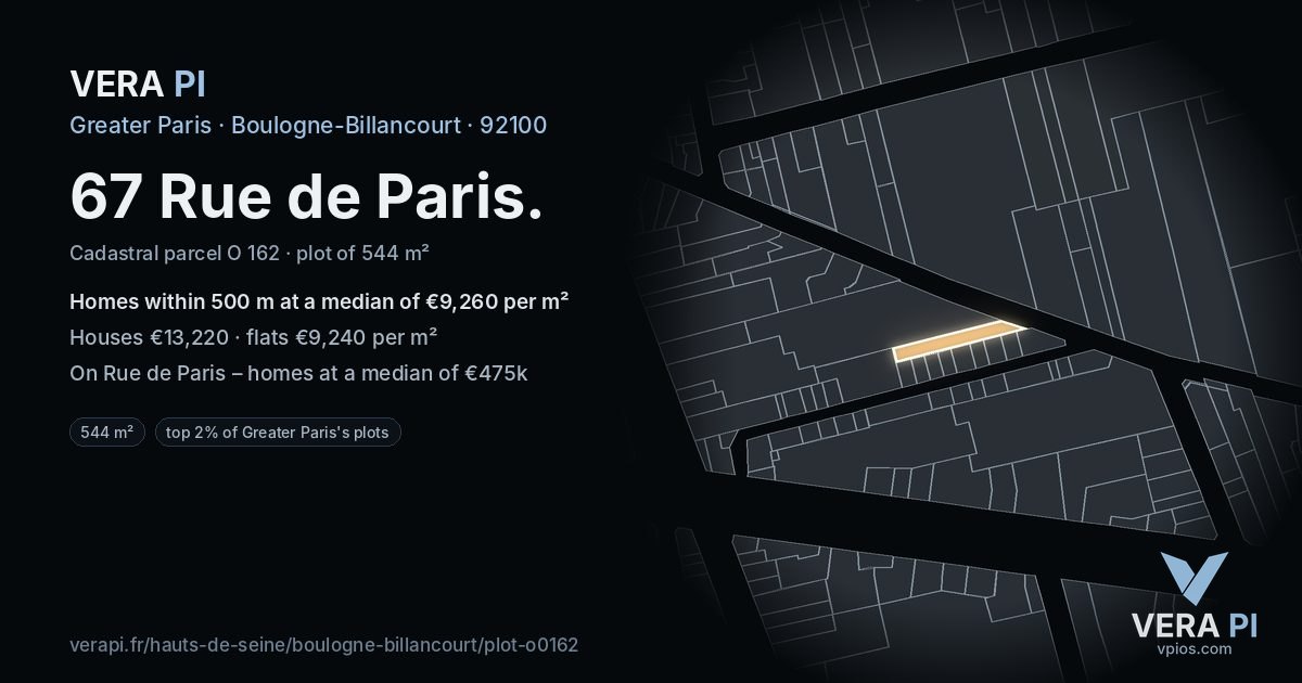 67 Rue de Paris, Boulogne-Billancourt at night – the plot lit, the parcels around coloured by the prices near them