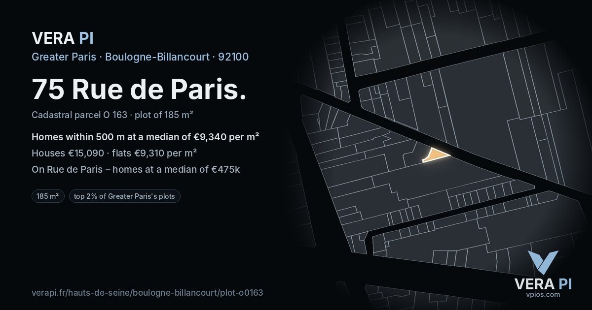 75 Rue de Paris, Boulogne-Billancourt at night – the plot lit, the parcels around coloured by the prices near them
