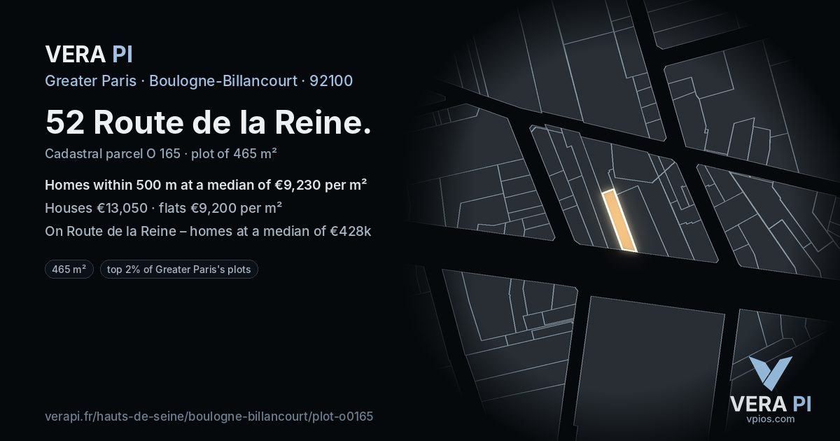 52 Route de la Reine, Boulogne-Billancourt at night – the plot lit, the parcels around coloured by the prices near them