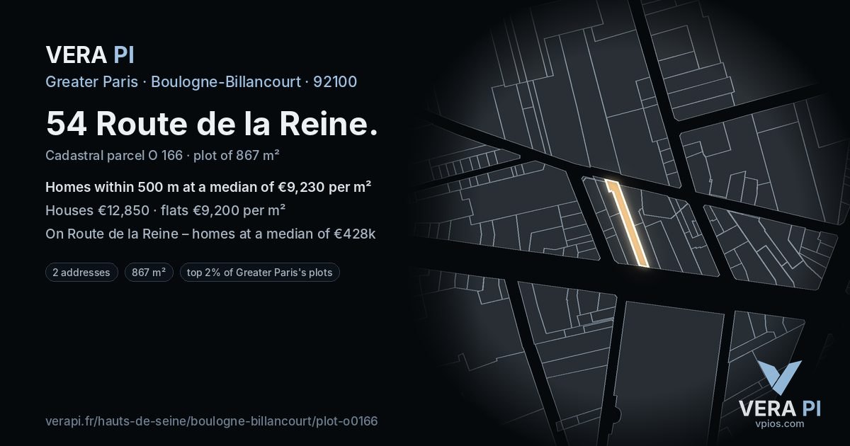 54 Route de la Reine, Boulogne-Billancourt at night – the plot lit, the parcels around coloured by the prices near them