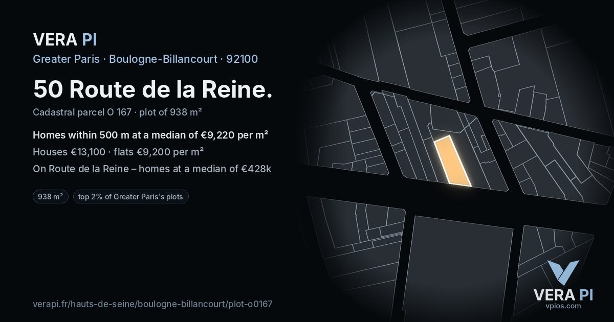 50 Route de la Reine, Boulogne-Billancourt at night – the plot lit, the parcels around coloured by the prices near them
