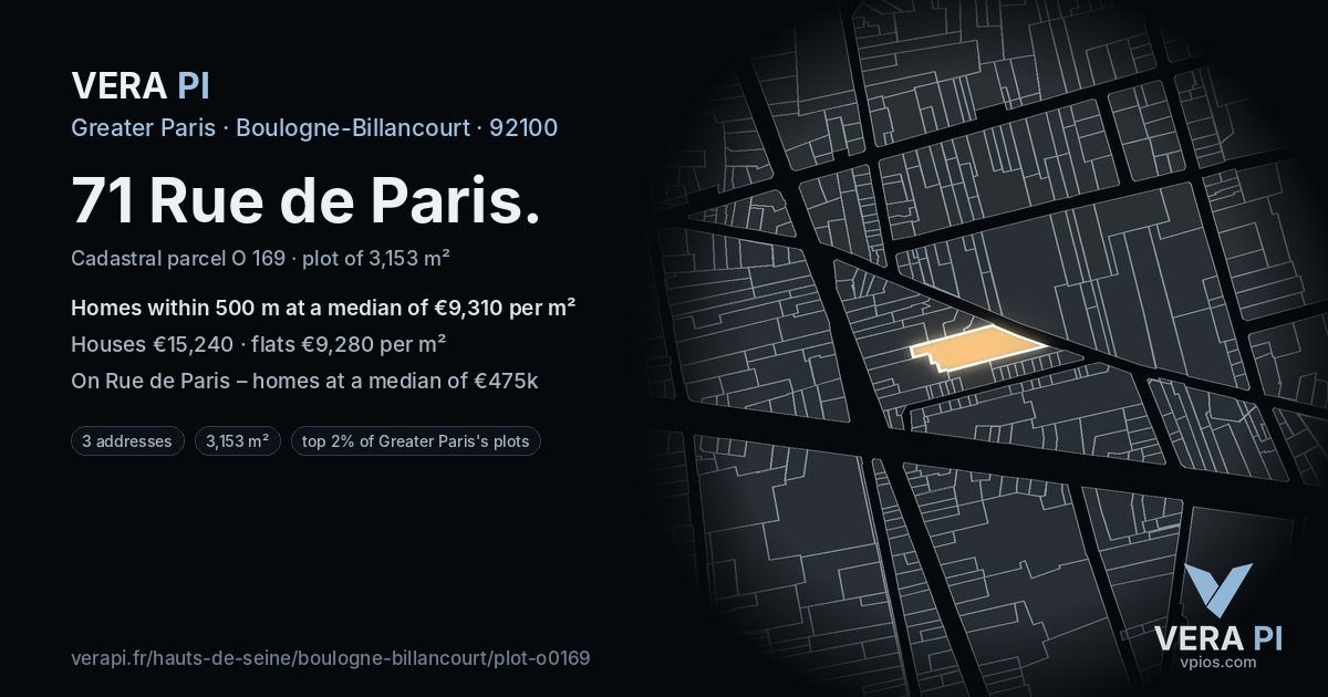 71 Rue de Paris, Boulogne-Billancourt at night – the plot lit, the parcels around coloured by the prices near them