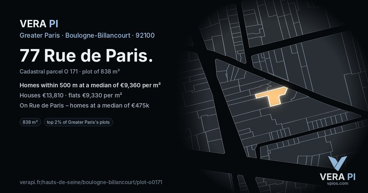 77 Rue de Paris, Boulogne-Billancourt at night – the plot lit, the parcels around coloured by the prices near them