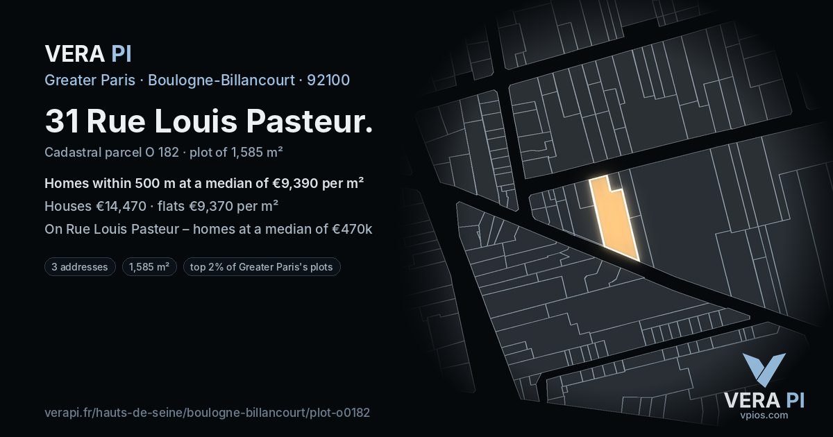 31 Rue Louis Pasteur, Boulogne-Billancourt at night – the plot lit, the parcels around coloured by the prices near them