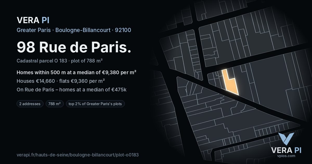 98 Rue de Paris, Boulogne-Billancourt at night – the plot lit, the parcels around coloured by the prices near them