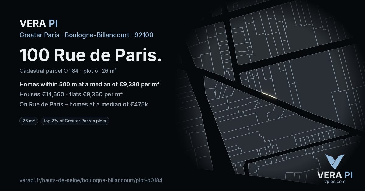 100 Rue de Paris, Boulogne-Billancourt at night – the plot lit, the parcels around coloured by the prices near them