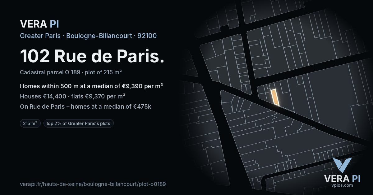 102 Rue de Paris, Boulogne-Billancourt at night – the plot lit, the parcels around coloured by the prices near them