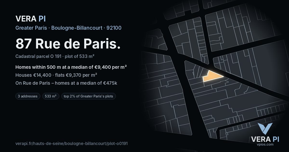 87 Rue de Paris, Boulogne-Billancourt at night – the plot lit, the parcels around coloured by the prices near them