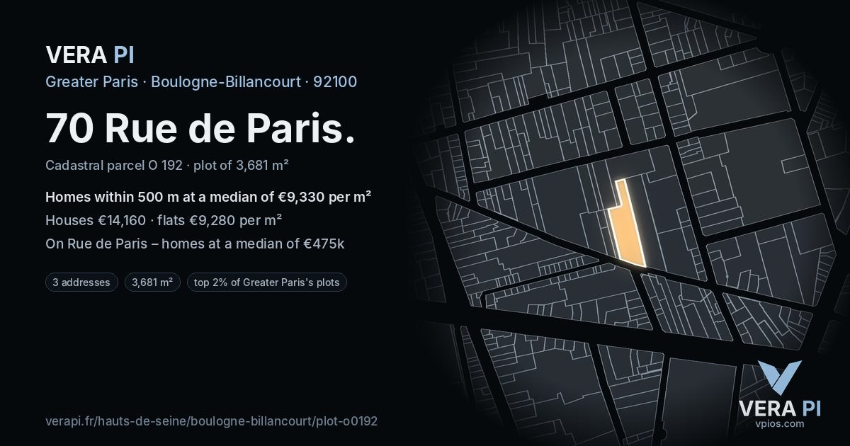 70 Rue de Paris, Boulogne-Billancourt at night – the plot lit, the parcels around coloured by the prices near them