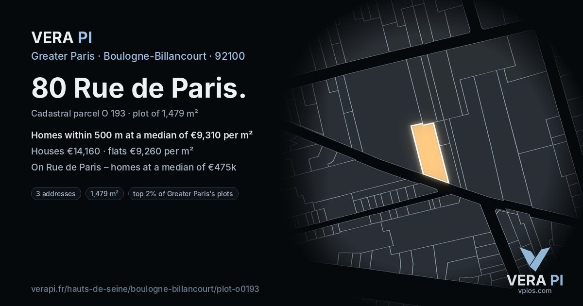 80 Rue de Paris, Boulogne-Billancourt at night – the plot lit, the parcels around coloured by the prices near them