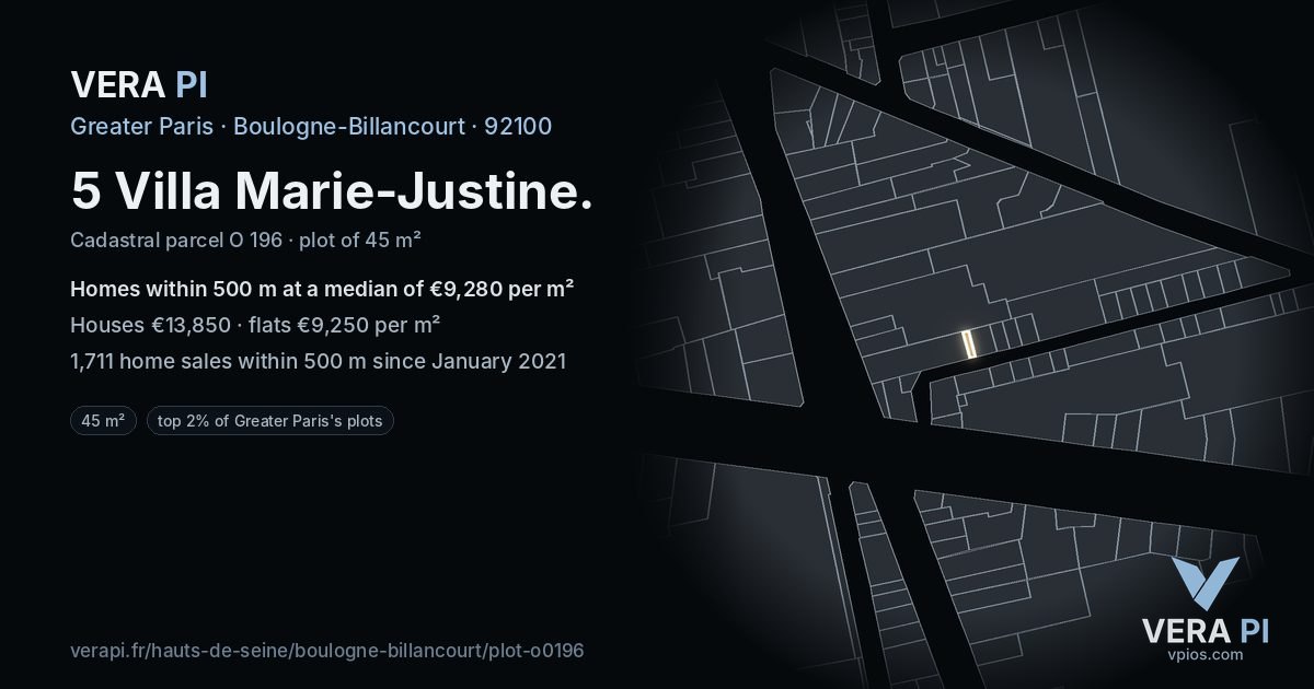 5 Villa Marie-Justine, Boulogne-Billancourt at night – the plot lit, the parcels around coloured by the prices near them