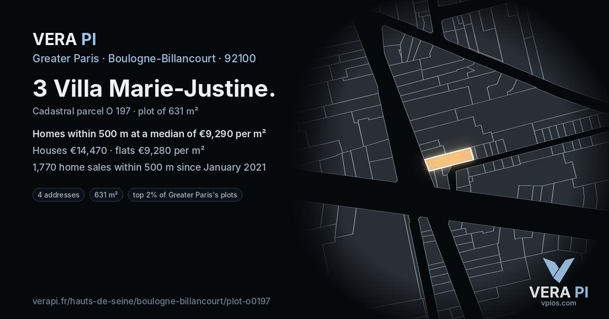 3 Villa Marie-Justine, Boulogne-Billancourt at night – the plot lit, the parcels around coloured by the prices near them