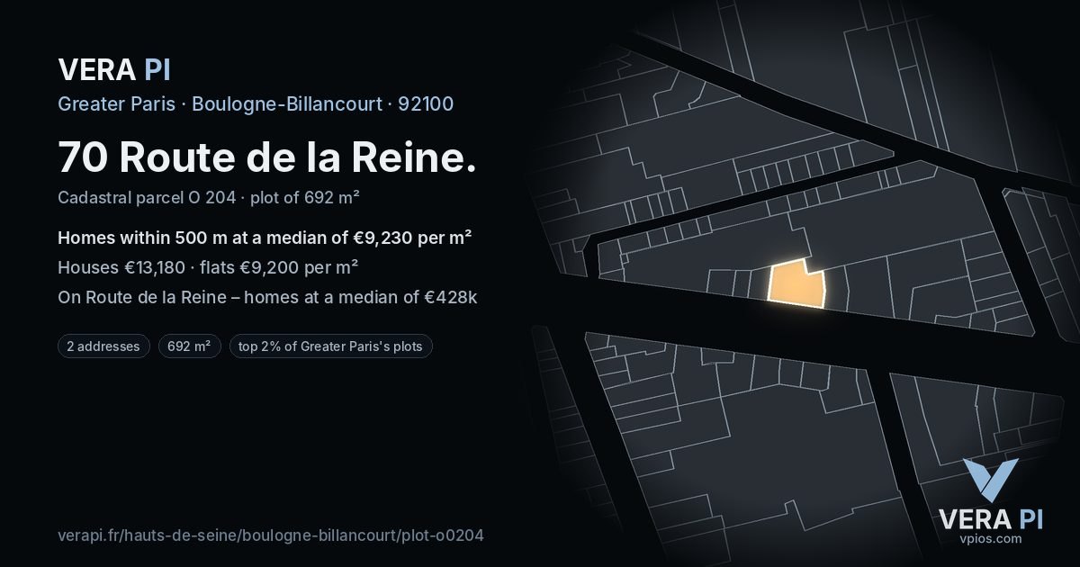 70 Route de la Reine, Boulogne-Billancourt at night – the plot lit, the parcels around coloured by the prices near them