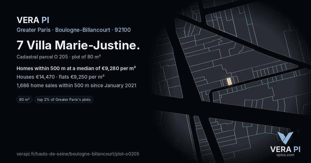 7 Villa Marie-Justine, Boulogne-Billancourt at night – the plot lit, the parcels around coloured by the prices near them
