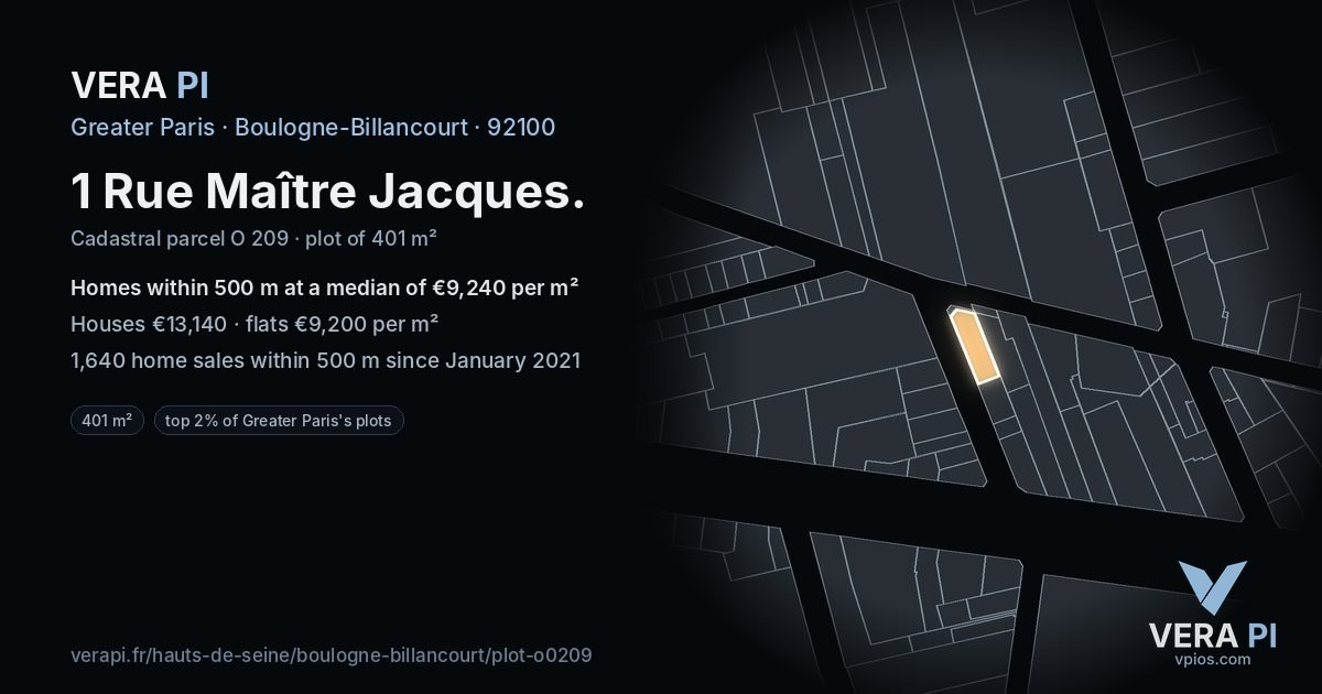 1 Rue Maître Jacques, Boulogne-Billancourt at night – the plot lit, the parcels around coloured by the prices near them