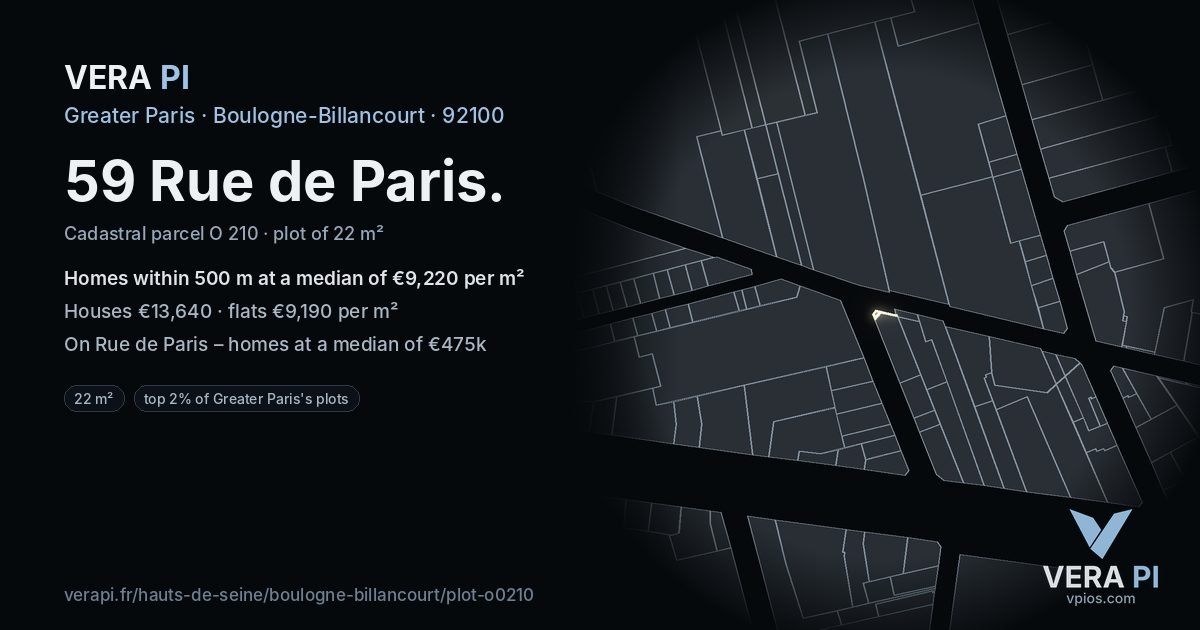 59 Rue de Paris, Boulogne-Billancourt at night – the plot lit, the parcels around coloured by the prices near them