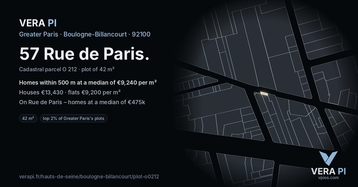 57 Rue de Paris, Boulogne-Billancourt at night – the plot lit, the parcels around coloured by the prices near them