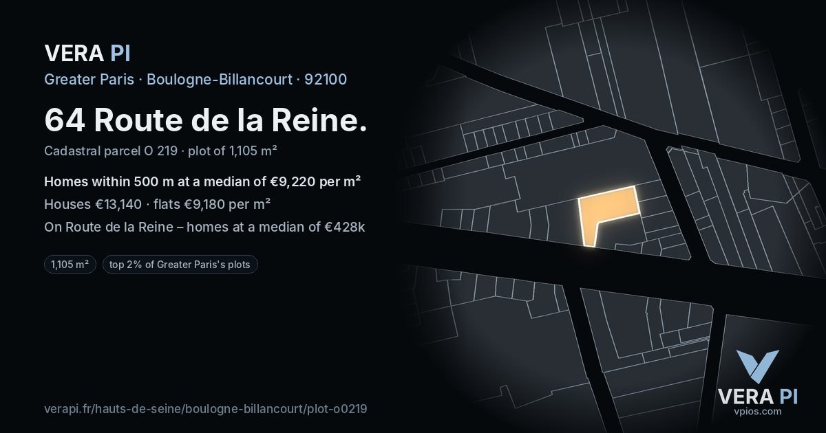 64 Route de la Reine, Boulogne-Billancourt at night – the plot lit, the parcels around coloured by the prices near them