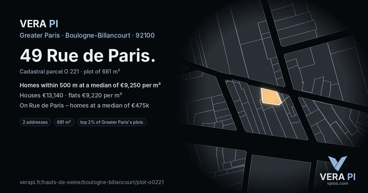 49 Rue de Paris, Boulogne-Billancourt at night – the plot lit, the parcels around coloured by the prices near them
