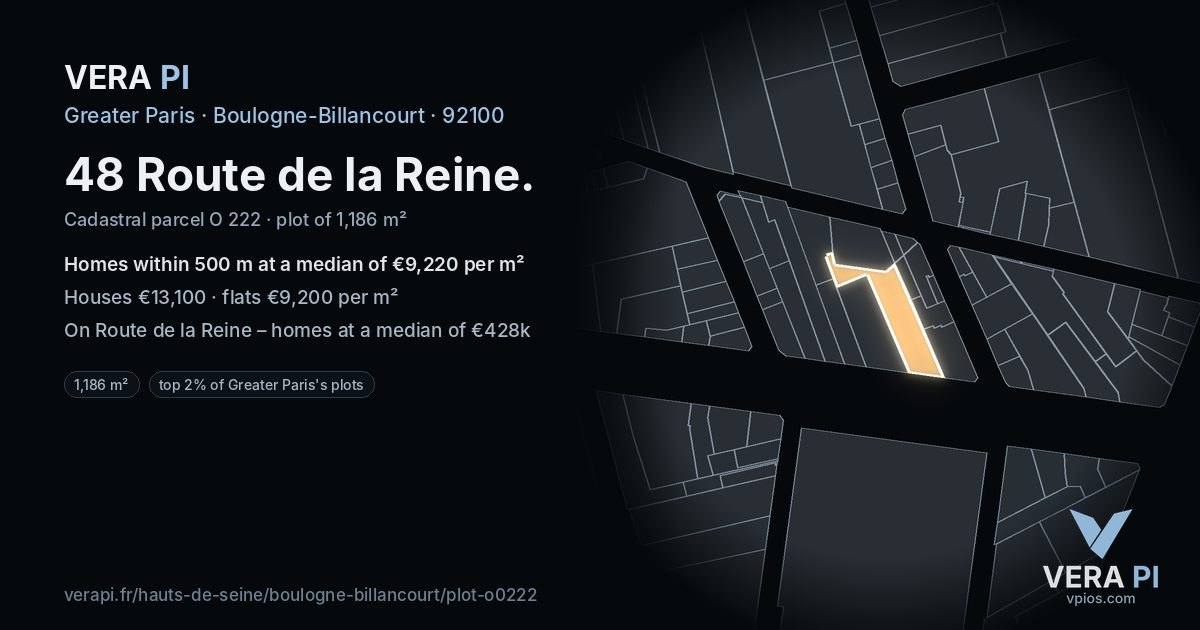 48 Route de la Reine, Boulogne-Billancourt at night – the plot lit, the parcels around coloured by the prices near them