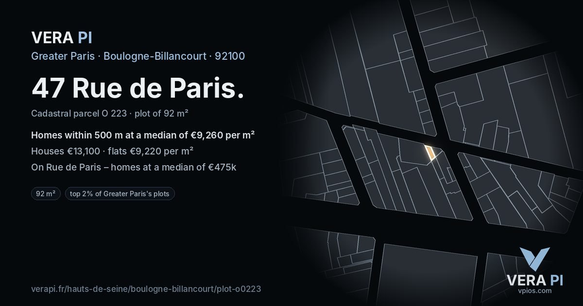 47 Rue de Paris, Boulogne-Billancourt at night – the plot lit, the parcels around coloured by the prices near them