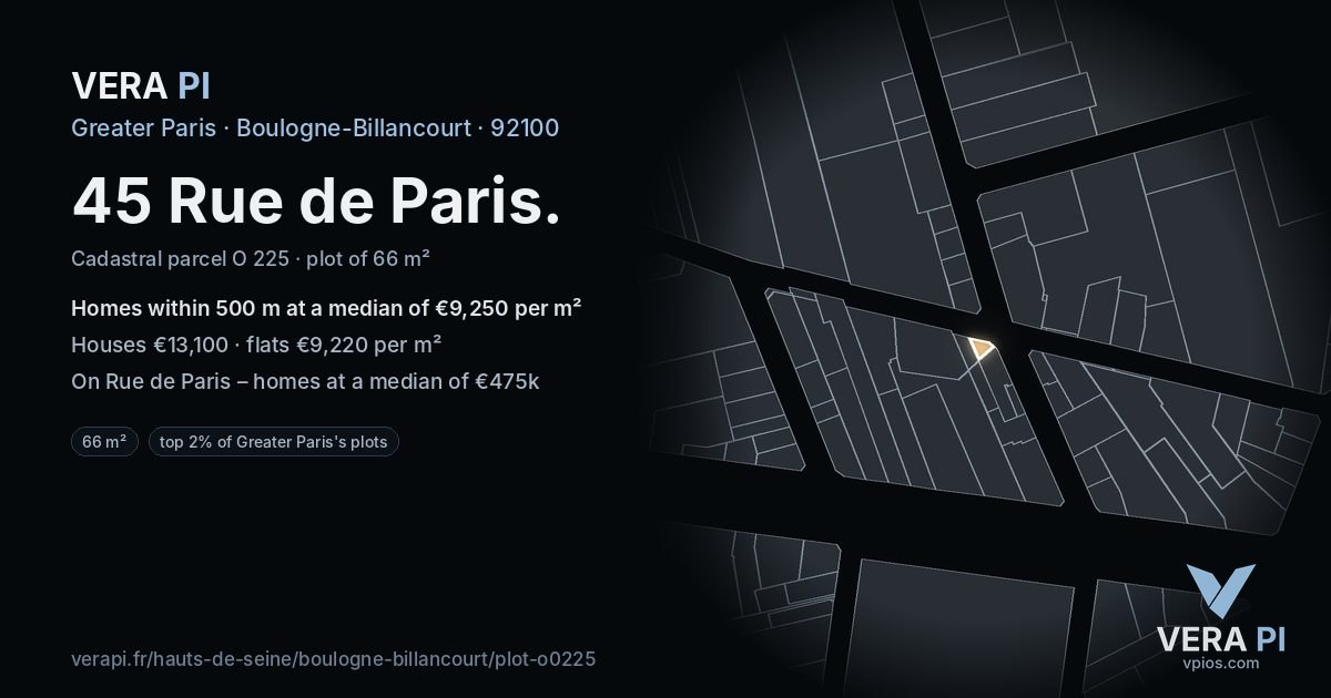 45 Rue de Paris, Boulogne-Billancourt at night – the plot lit, the parcels around coloured by the prices near them