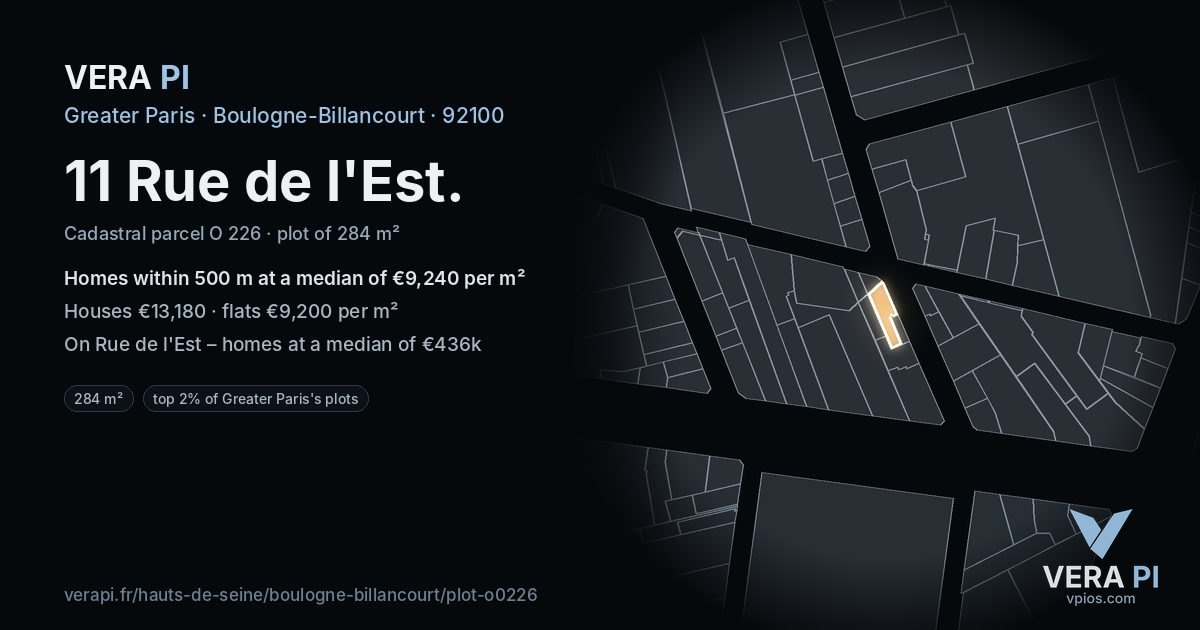 11 Rue de l'Est, Boulogne-Billancourt at night – the plot lit, the parcels around coloured by the prices near them