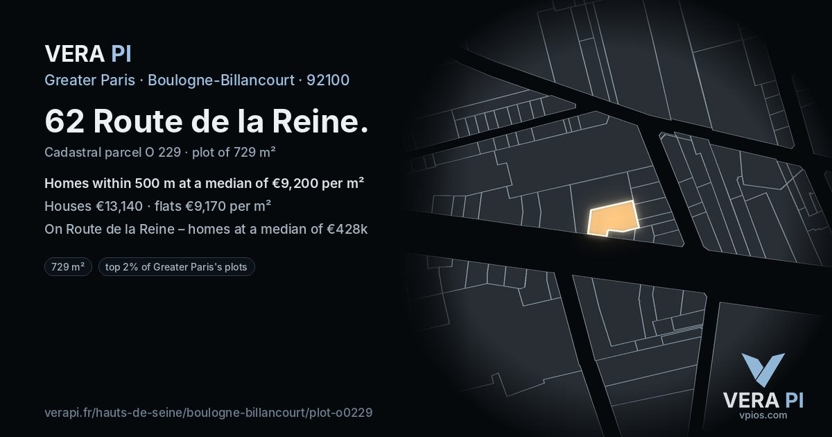 62 Route de la Reine, Boulogne-Billancourt at night – the plot lit, the parcels around coloured by the prices near them