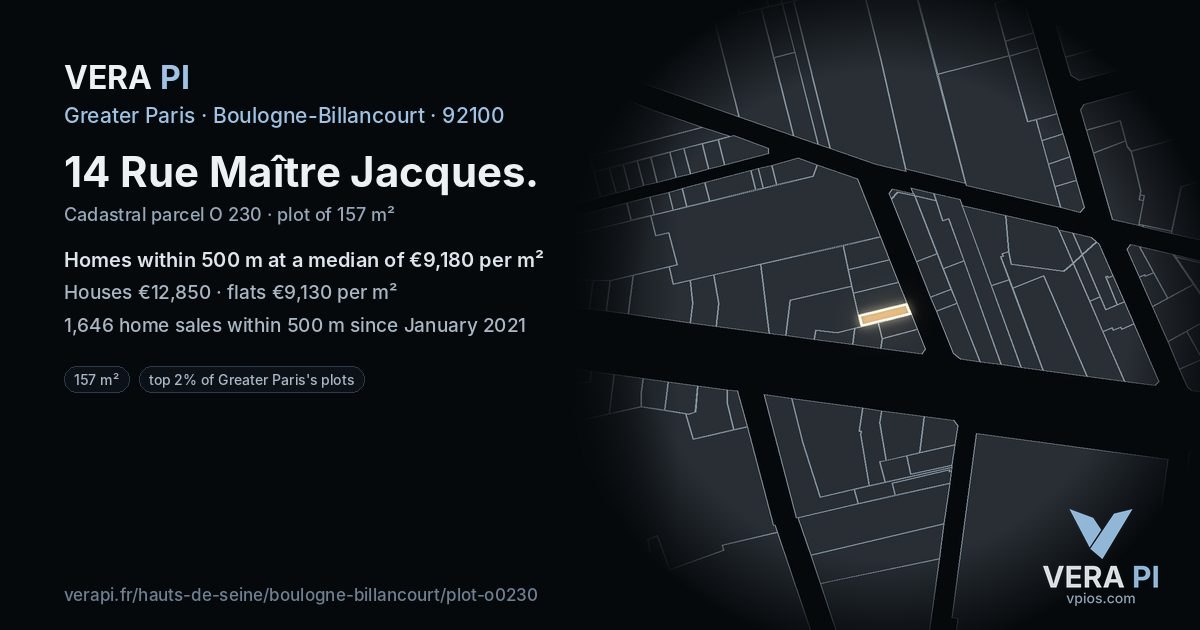14 Rue Maître Jacques, Boulogne-Billancourt at night – the plot lit, the parcels around coloured by the prices near them